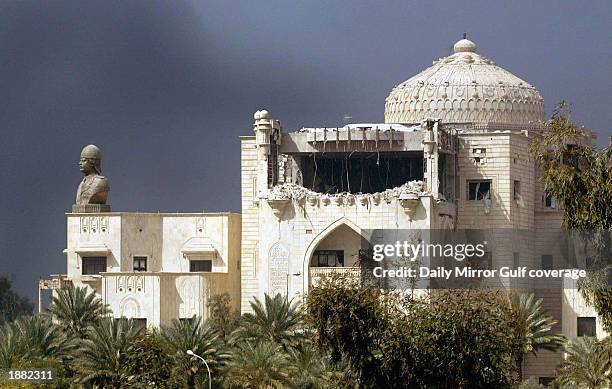 The front of Iraqi President Saddam Hussein's largest palace shows damage after aerial bombing March 23, 2003 in Baghdad, Iraq. Iraq claims that 350...