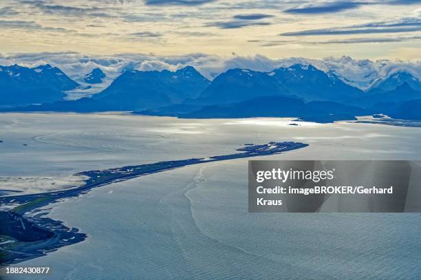 aerial view of homer spit, homer, kachemak bay, mountains of kachemak bay state park, kenai peninsula, south alaska, alaska, usa, north america - kachemak bay stock pictures, royalty-free photos & images