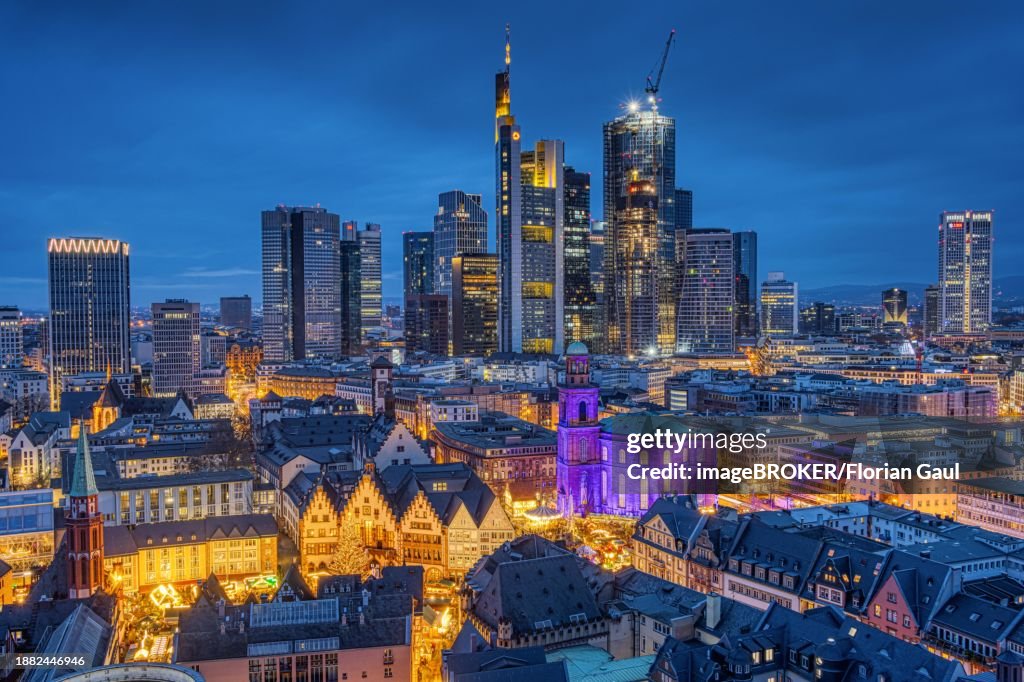 St Paul's Church in Frankfurt am Main will be illuminated in blue on 10 December 2023, International Human Rights Day. This commemorates the declaration of the UN Human Rights Charter of 10 December 1948, Roemerberg, Frankfurt am Main, Hesse, Germany