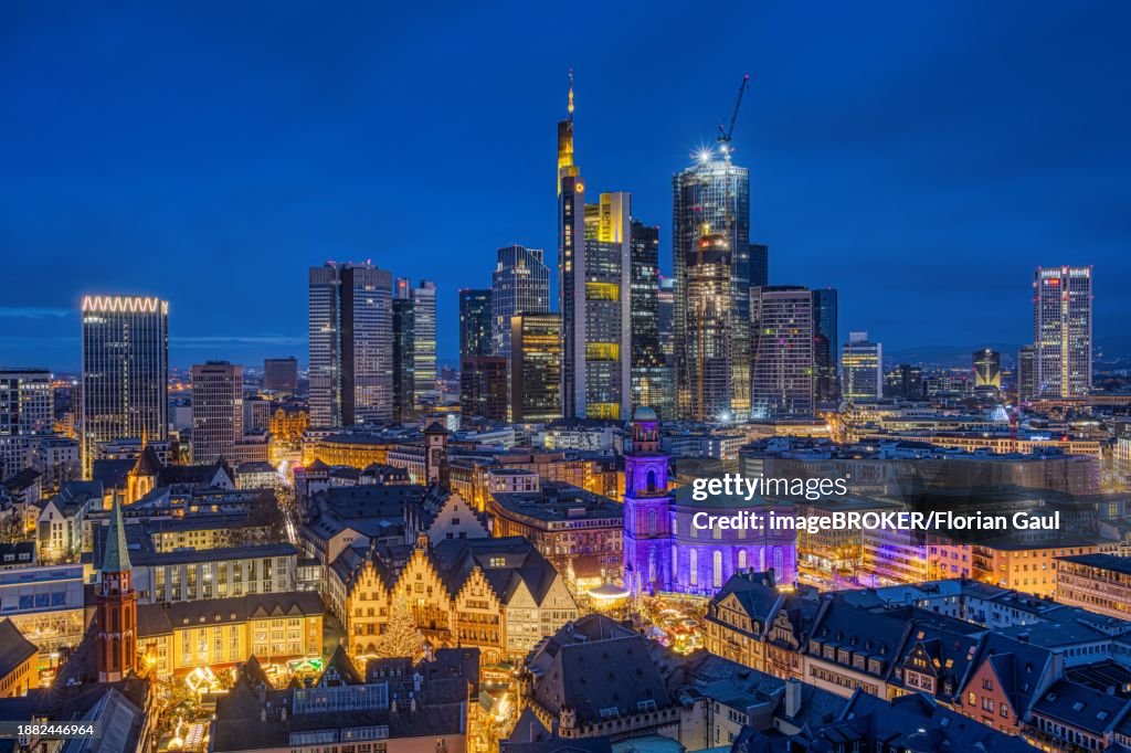 St Paul's Church in Frankfurt am Main will be illuminated in blue on 10 December 2023, International Human Rights Day. This commemorates the declaration of the UN Human Rights Charter of 10 December 1948, Roemerberg, Frankfurt am Main, Hesse, Germany