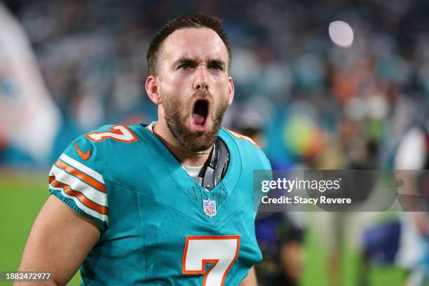 Jason Sanders of the Miami Dolphins leaves the field following a game against the Dallas Cowboys at Hard Rock Stadium on December 24, 2023 in Miami...