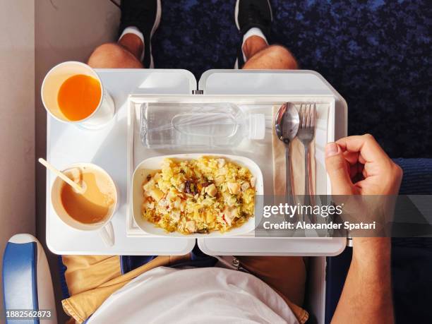 airplane food (chicken rice) served during the flight, personal perspective view - serving size stock pictures, royalty-free photos & images