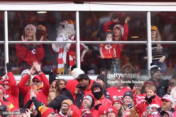 Taylor Swift is seen in a suite prior to a game between the Las Vegas Raiders and the Kansas City Chiefs at GEHA Field at Arrowhead Stadium on...