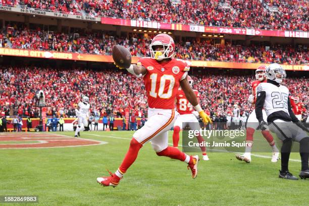 Isiah Pacheco of the Kansas City Chiefs celebrates after a touchdown during the second quarter against the Las Vegas Raiders at GEHA Field at...