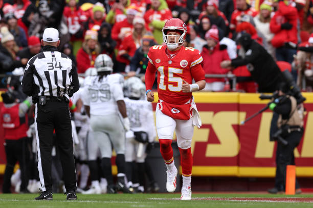 Patrick Mahomes of the Kansas City Chiefs reacts after throwing an interception returned for a touchdown during the second quarter against the Las...