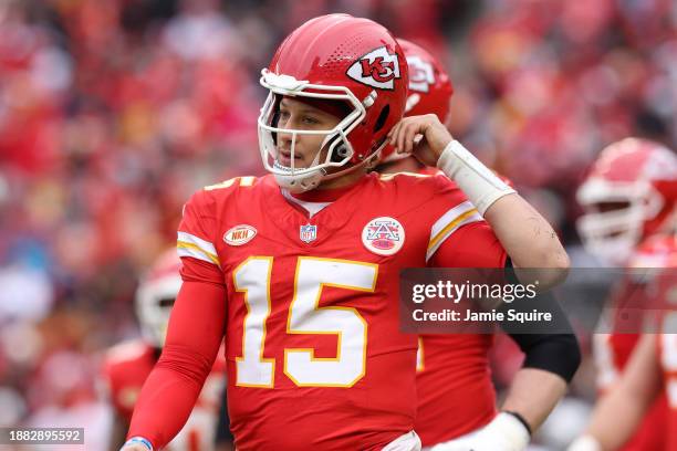 Patrick Mahomes of the Kansas City Chiefs reacts after a fumble returned for a touchdown by Bilal Nichols of the Las Vegas Raiders during the second...