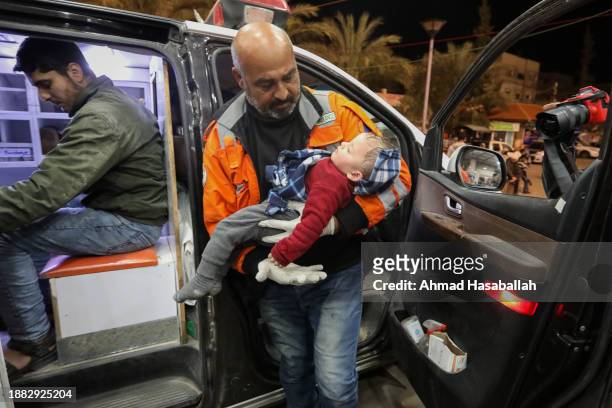 Palestinian infant injured in Israeli airstrikes is brought to Nasser Medical Hospital on December 25, 2023 in Khan Yunis, Gaza. The United Kingdom,...