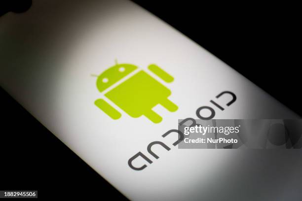 The Android logo is displayed on a smartphone screen in Athens, Greece, on December 28, 2023.