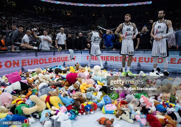 Fans throw toys for children living in poverty prior to the Turkish Airlines EuroLeague match between Partizan Mozzart Bet Belgrade and Virtus...