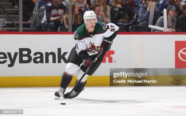 Troy Stecher of the Arizona Coyotes skates against the Colorado Avalanche at Ball Arena on December 23, 2023 in Denver, Colorado.