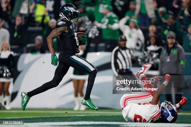 DeVonta Smith of the Philadelphia Eagles scores a touchdown during the second quarter against the New York Giants at Lincoln Financial Field on...