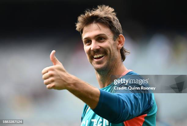 Mitchell Marsh of Australia gestures during warm up prior to day one of the Second Test Match between Australia and Pakistan at Melbourne Cricket...