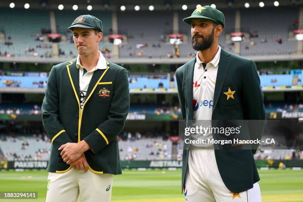 Pat Cummins of Australia and Shan Masood of Pakistan at the coin toss during day one of the Second Test Match between Australia and Pakistan at...