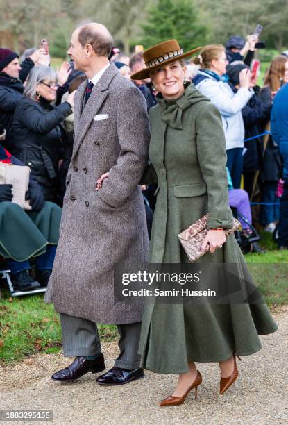 Prince Edward, Duke of Edinburgh and Sophie, Duchess of Edinburgh attend the Christmas Morning Service at Sandringham Church on December 25, 2023 in...