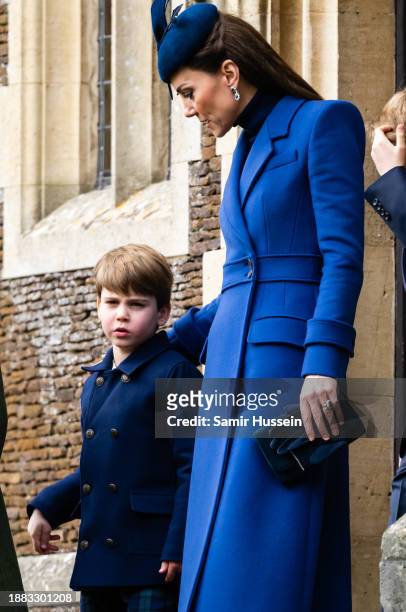 Catherine, Princess of Wales and Prince Louis of Wales attend the Christmas Morning Service at Sandringham Church on December 25, 2023 in...