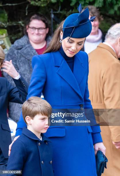 Catherine, Princess of Wales and Prince Louis of Wales attend the Christmas Morning Service at Sandringham Church on December 25, 2023 in...