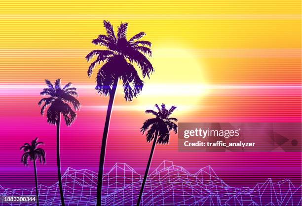 synthwave retro background - palm trees - sun flare trees stock illustrations