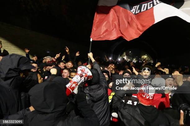 Arsenal ultras making their way to the stadium prior to the Premier League match between Arsenal FC and West Ham United at Emirates Stadium on...