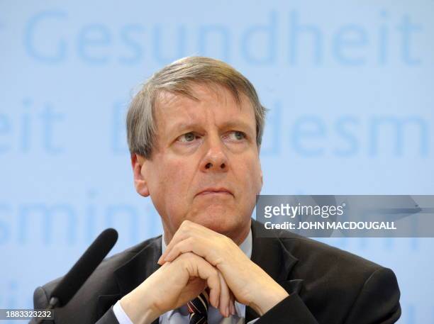 The president of the Robert-Koch-Institute, the German central federal institution responsible for disease control, Joerg Hacker addresses a press...