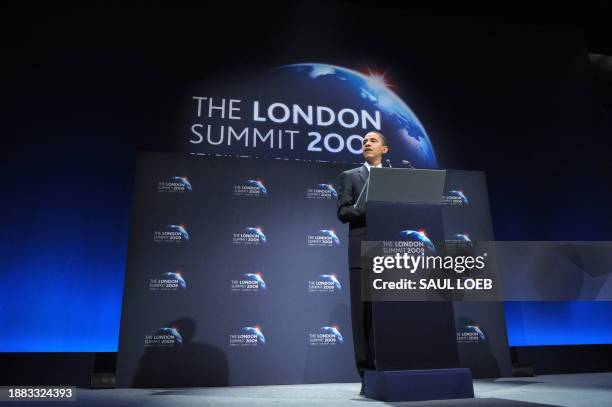 President Barack Obama speaks during a press conference following the G20 summit at the ExCel centre in east London, on April 2, 2009. President...