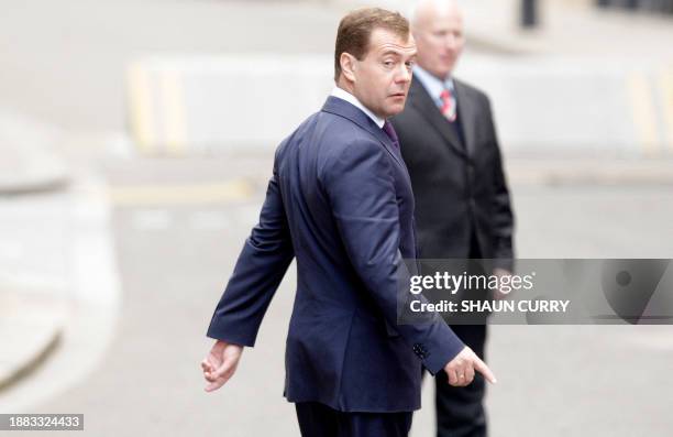 Russian President Dmitry Medvedev leaves a meeting at 10 Downing Street with British Prime Minister Gordon Brown in London on April 1, 2009. World...