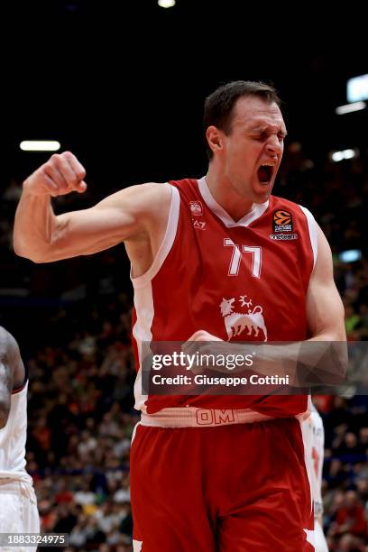 Johannes Voigtmann of EA7 Emporio Armani Milan celebrates during the Turkish Airlines EuroLeague Regular Season Round 17 match between EA7 Emporio...