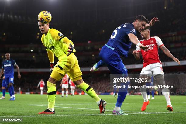 West Ham United goalkeeper Alphonse Areola and defender Konstantinos Mavropanos during the Premier League match between Arsenal FC and West Ham...