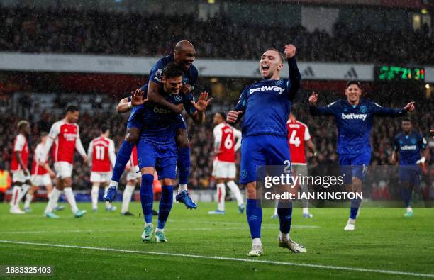 West Ham United's Greek defender Konstantinos Mavropanos celebrates after scoring his team second goal during the English Premier League football...