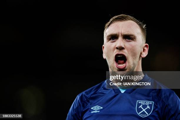 West Ham United's English striker Jarrod Bowen celebrates at the end of the English Premier League football match between Arsenal and West Ham United...