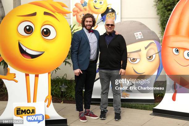 Miller and Director Tony Leondis seen at the "The Emoji Movie" photo call at Sony Pictures Animation slate presentation on Wednesday, Jan. 18 in...