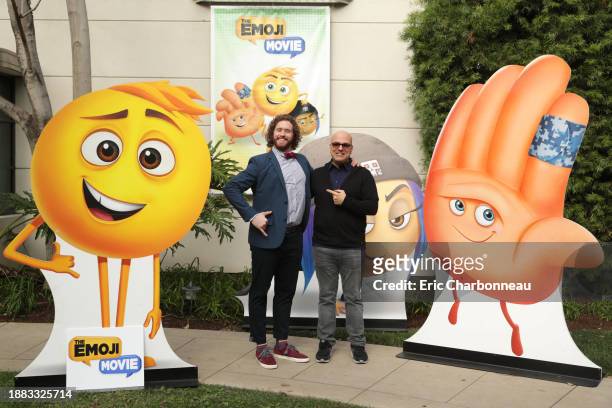 Miller and Director Tony Leondis seen at the "The Emoji Movie" photo call at Sony Pictures Animation slate presentation on Wednesday, Jan. 18 in...