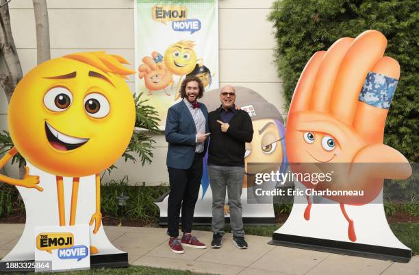 Miller and Director Tony Leondis seen at the "The Emoji Movie" photo call at Sony Pictures Animation slate presentation on Wednesday, Jan. 18 in...