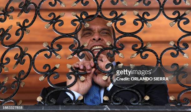 Honduran new President Porfirio Lobo Sosa, observes the Democracy square from a grille of the presidential palace in Tegucigalpa, on January 29,...