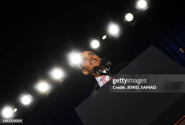 President Barack Obama speaks at a fundraising reception for Massachusetts Governor Deval Patrick at the Westin Copley Place in Boston on October 23,...