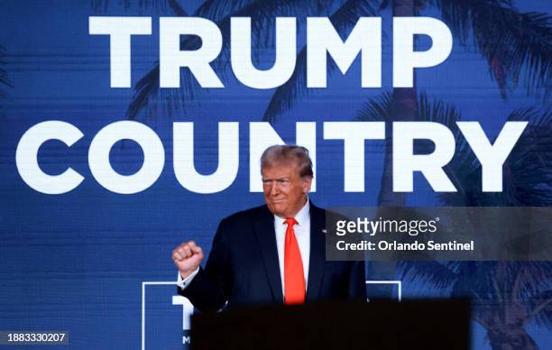 Former president Donald Trump responds to cheering supporters at the Republican Party of Florida Freedom Summit at the Gaylord Palms Resort and...