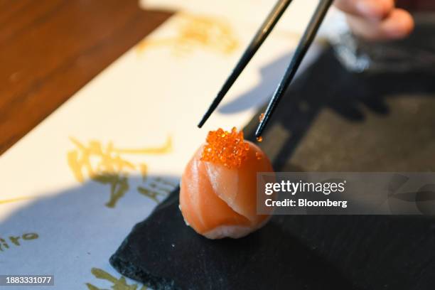 Piece of sushi made by a participant of a cooking class at Sushi Making Tokyo in the Asakusa district of Tokyo, Japan, on Thursday, Dec. 28, 2023....