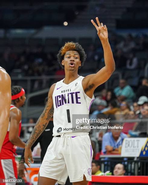 Dink Pate of the G League Ignite reacts on the court during the game against the Rio Grande Valley Vipers on December 28, 2023 at the Bert Ogden...