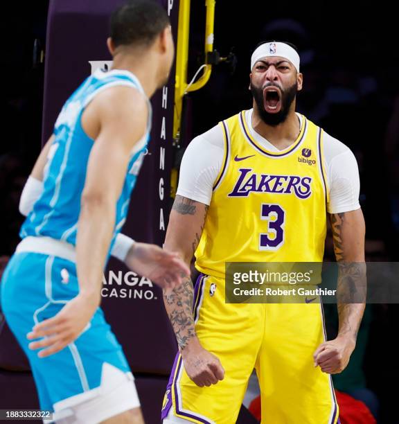Los Angeles, CA, Thursday, December 28, 2023 - Los Angeles Lakers forward Anthony Davis yells out after a slam dunk early in the game against the...