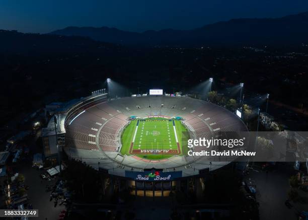 An aerial view of preparations for the Rose Bowl Game at the Rose Bowl Stadium on December 28, 2023 in Pasadena, California. The College Football...