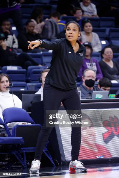 Lindsey Harding Head Coach of the Stockton Kings looks on during a NBA G-League game against the Rip City Remix at Stockton Arena on December 28,...