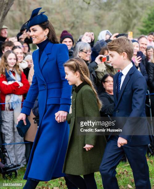 Catherine, Princess of Wales, Princess Charlotte of Wales and Prince George of Wales attends the Christmas Morning Service at Sandringham Church on...