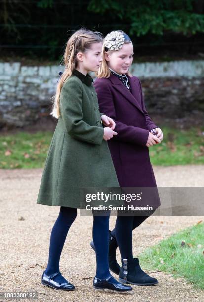 Princess Charlotte of Wales and Mia Tindall attend the Christmas Morning Service at Sandringham Church on December 25, 2023 in Sandringham, Norfolk.