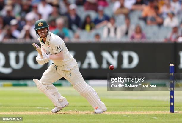 David Warner of Australia bats during day one of the Second Test Match between Australia and Pakistan at Melbourne Cricket Ground on December 26,...