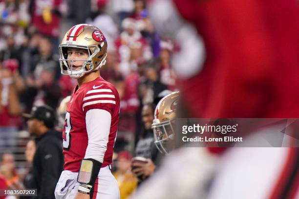 Brock Purdy of the San Francisco 49ers looks on prior to a game against the Baltimore Ravens at Levi's Stadium on December 25, 2023 in Santa Clara,...