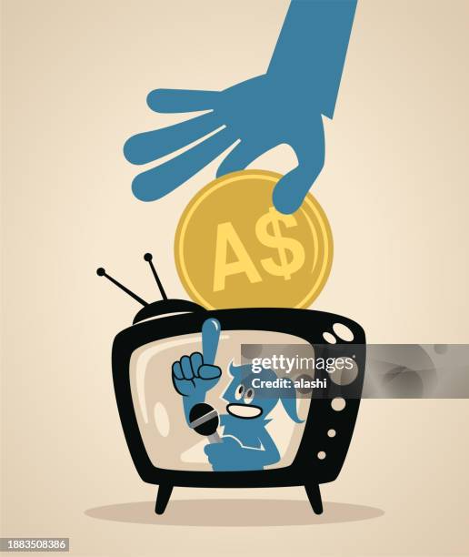 a blue female host on a tv screen talking with a microphone and a big hand putting money into the tv - the sound of change live stock illustrations