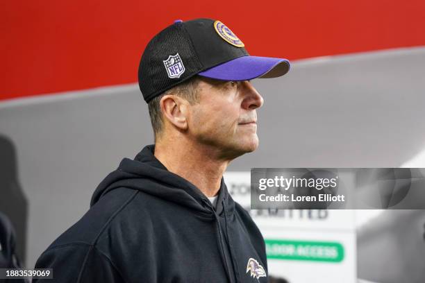 Head coach John Harbaugh of the Baltimore Ravens looks on prior to a game against the San Francisco 49ers at Levi's Stadium on December 25, 2023 in...