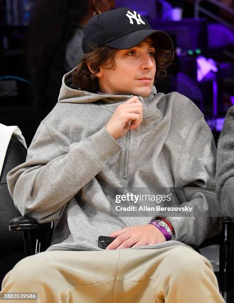 Timothee Chalamet attends a basketball game between the Los Angeles Lakers and the Boston Celtics at Crypto.com Arena on December 25, 2023 in Los...