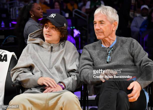 Timothee Chalamet and his father Marc Chalamet attend a basketball game between the Los Angeles Lakers and the Boston Celtics at Crypto.com Arena on...