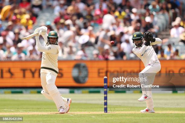 Usman Khawaja of Australia bats during day one of the Second Test Match between Australia and Pakistan at Melbourne Cricket Ground on December 26,...