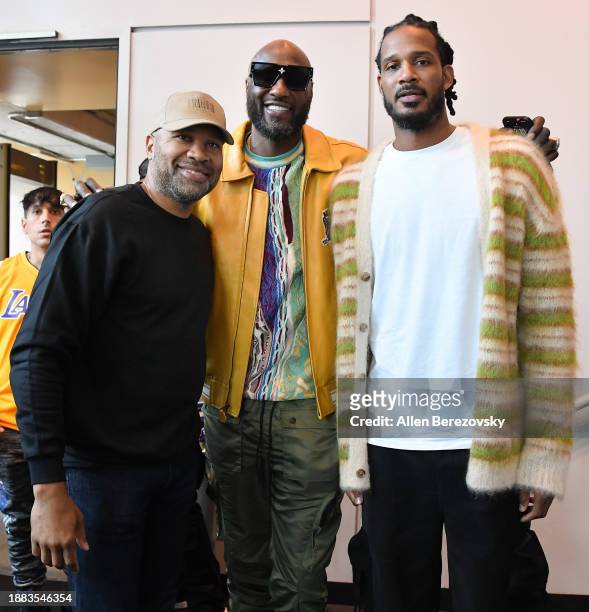 Derek Fisher, Lamar Odom and Trevor Ariza attend a basketball game between the Los Angeles Lakers and the Boston Celtics at Crypto.com Arena on...